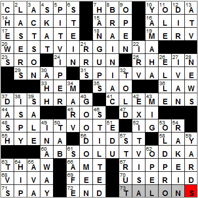 0905-11: New York Times Crossword Answers 5 Sep 11, Monday